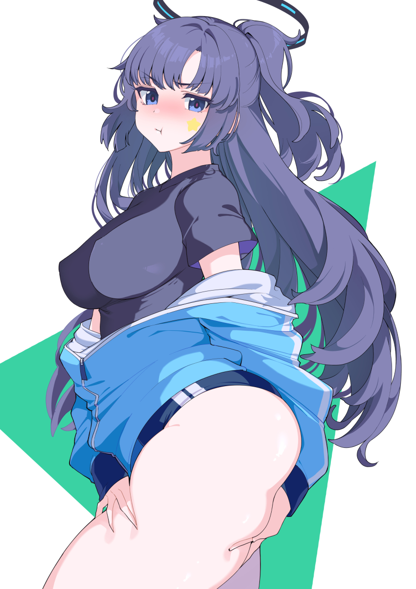 1girl absurdres black_shirt blue_archive blue_buruma blue_jacket blush breasts buruma gym_uniform halo highres id_card jacket lanyard large_breasts long_hair long_sleeves looking_at_viewer official_alternate_costume parted_bangs partially_unzipped plump ponytail purple_eyes purple_hair santa_(sunflower) shirt solo star_(symbol) sticker_on_face thick_thighs thighs track_jacket yuuka_(blue_archive) yuuka_(track)_(blue_archive)