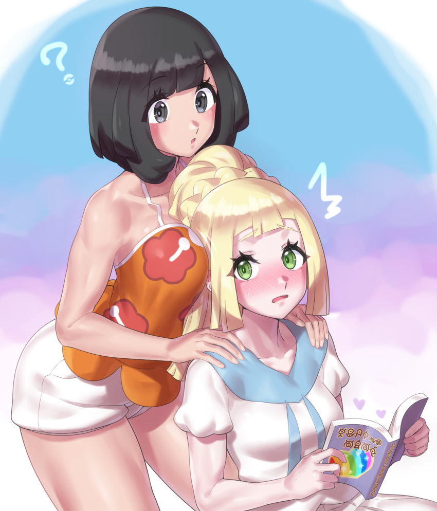 2girls ? between_breasts black_eyes black_hair blonde_hair braid breasts creatures_(company) floral_print french_braid game_freak gen_2_pokemon green_eyes head_between_breasts high_ponytail highres hood hug hug_from_behind large_breasts lillie_(pokemon) long_hair mizuumi_(bb) multiple_girls nintendo pleated_skirt pokemon pokemon_sm pokemon_usum ponytail selene_(pokemon) shirt short_sleeves skirt unown unown_a unown_e unown_i unown_m unown_n unown_o unown_r unown_u unown_y unownglyphics white_shirt white_skirt yuri
