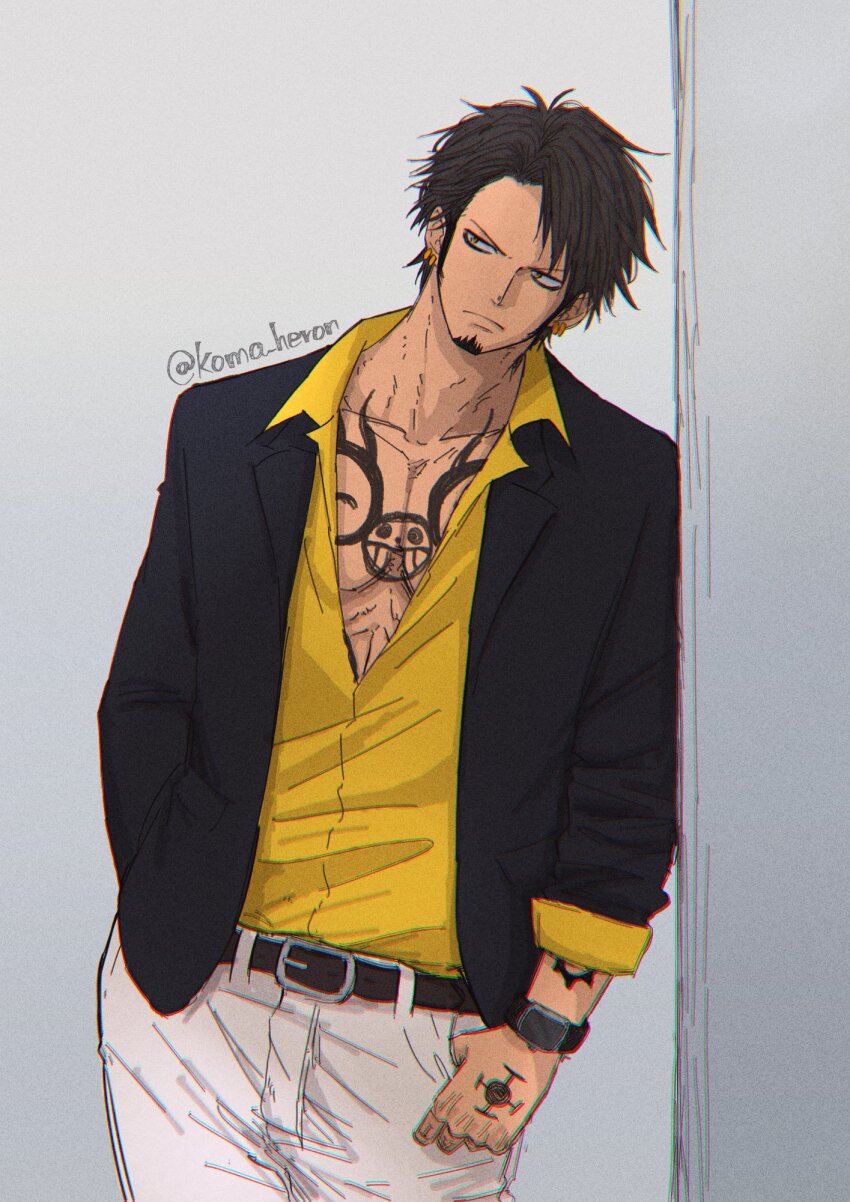 1boy artist_name belt belt_buckle black_belt black_hair black_jacket buckle chest_tattoo chromatic_aberration closed_mouth collarbone collared_shirt cowboy_shot earrings facial_hair finger_tattoo frown goatee gold_earrings gradient_background grey_background hand_in_pocket hand_tattoo highres jacket jewelry koma_heron lapels leaning_to_the_side long_sleeves male_focus one_piece open_clothes open_jacket open_shirt pants parted_bangs pectorals shirt shirt_tucked_in short_hair sideburns sideways_glance solo standing tattoo thumb_in_pocket trafalgar_law twitter_username v-shaped_eyebrows watch white_background white_pants wristwatch yellow_eyes yellow_shirt