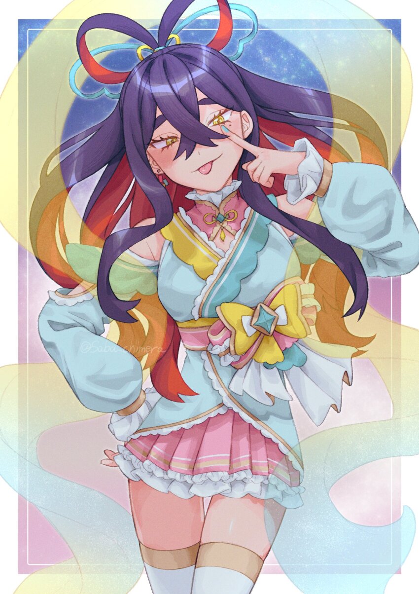 1girl :p black_hair carmine_(pokemon) chigomage colored_inner_hair cosplay crossed_bangs hagoromo hair_between_eyes hair_ornament hair_rings highres japanese_clothes kimono long_hair long_sleeves looking_at_viewer mole mole_under_eye multicolored_hair nintendo orihime_(tanabata) orihime_(tanabata)_(cosplay) pokemon pokemon_sv red_hair saba_chimera shawl smile solo tanabata tongue tongue_out two-tone_hair wide_sleeves yellow_eyes
