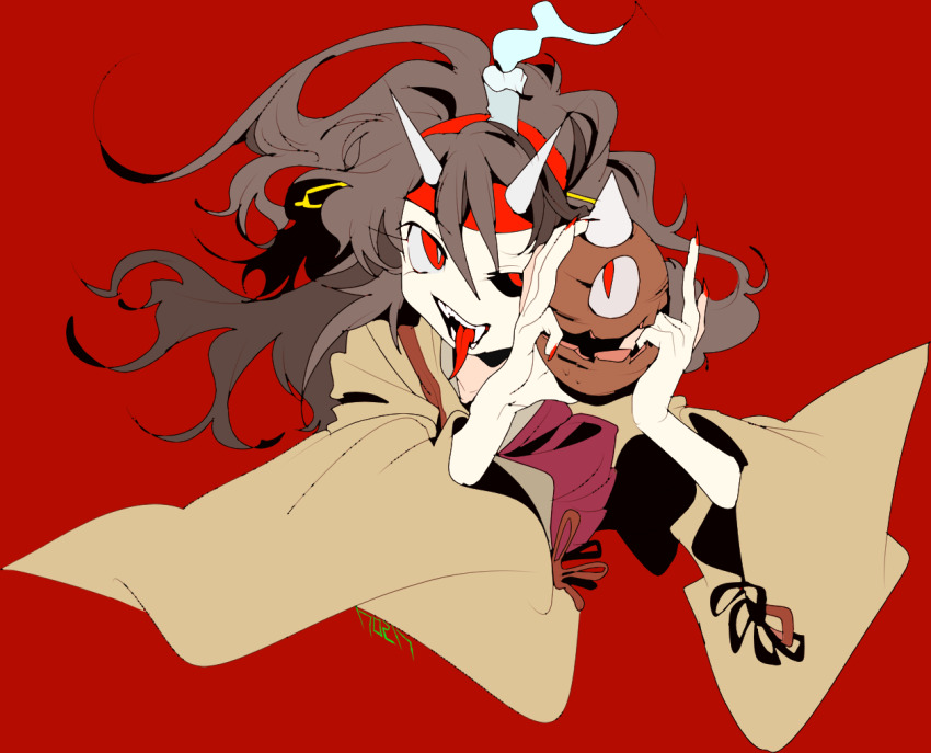 1other androgynous black_hair black_sclera bow bright_pupils brown_kimono brown_ribbon burabura candle_on_head chinese_commentary colored_sclera commentary_request creature cropped_torso dated fingernails fire floating_hair hair_ornament hairband hairpin holding holding_creature horns japanese_clothes kimono len&#039;en ling_s long_hair long_sleeves long_tongue messy_hair mismatched_pupils mismatched_sclera nail_polish open_mouth other_focus pink_bow red_background red_eyes red_hairband red_headphones red_nails ribbon sharp_fingernails simple_background sleeve_ribbon smile solo taira_no_chouki teeth tongue waist_bow white_fire white_horns white_pupils wide_sleeves