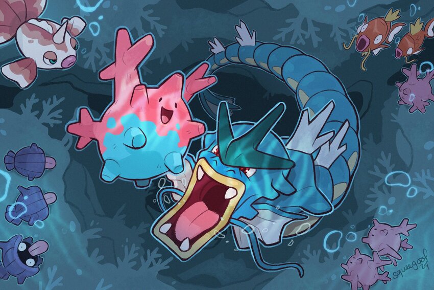 air_bubble bubble corsola gen_1_pokemon gen_2_pokemon goldeen gyarados horns magikarp nintendo no_humans open_mouth pokemon pokemon_(creature) red_eyes shellder signature single_horn squeegool teeth tongue tongue_out underwater