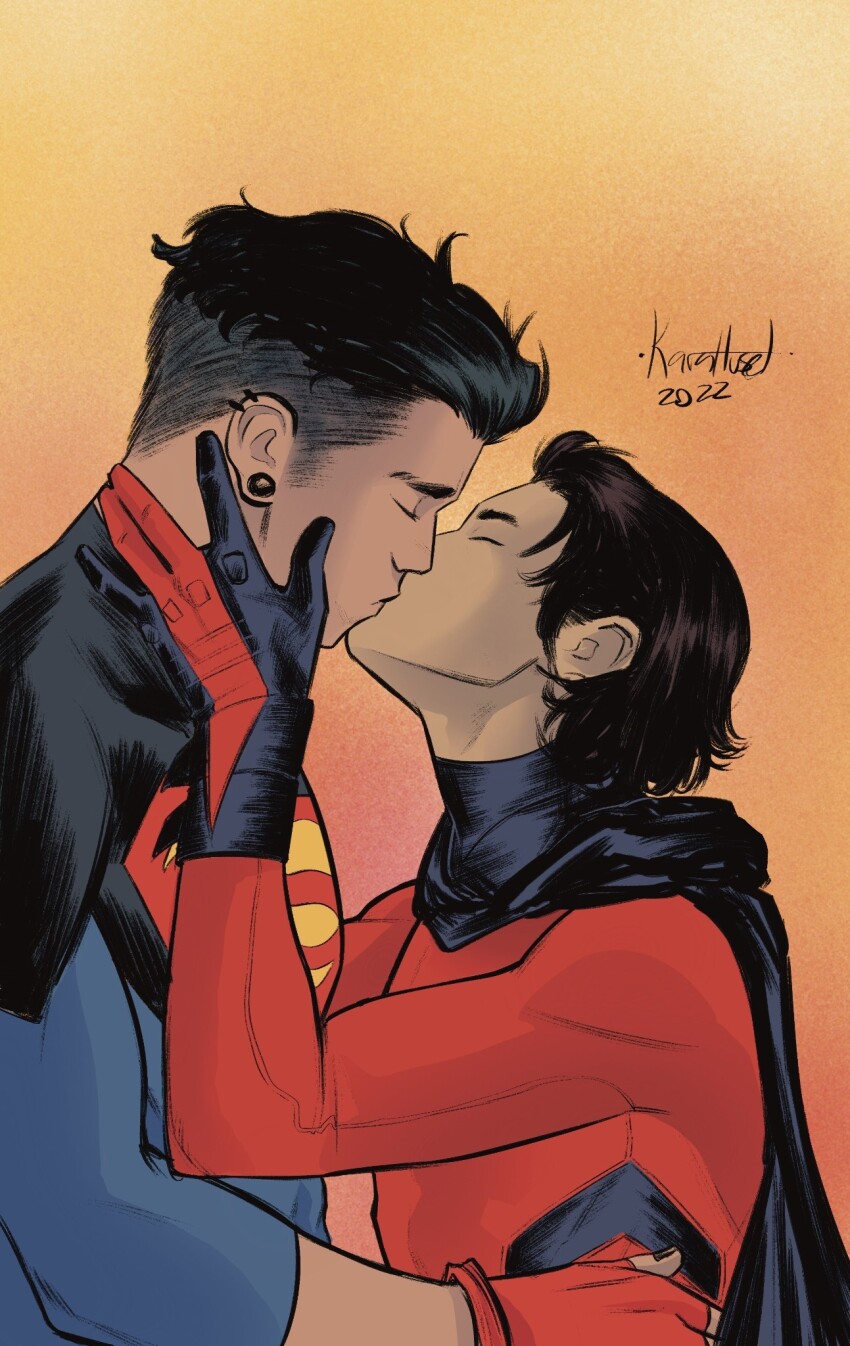 2boys artist_name batman_(series) bodysuit closed_eyes commentary conner_kent cowboy_shot dated dc_comics english_commentary fingerless_gloves gloves hands_on_another&#039;s_face highres karahuset kiss kon-el male_focus multiple_boys robin_(dc) simple_background superboy superhero_costume superman_(series) tim_drake upper_body yaoi young_justice