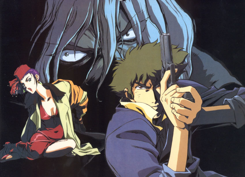 1girl 2boys absurdres breasts cowboy_bebop earrings faye_valentine gun highres jewelry multiple_boys official_art semi-automatic_pistol spike_spiegel vicious_(cowboy_bebop) weapon