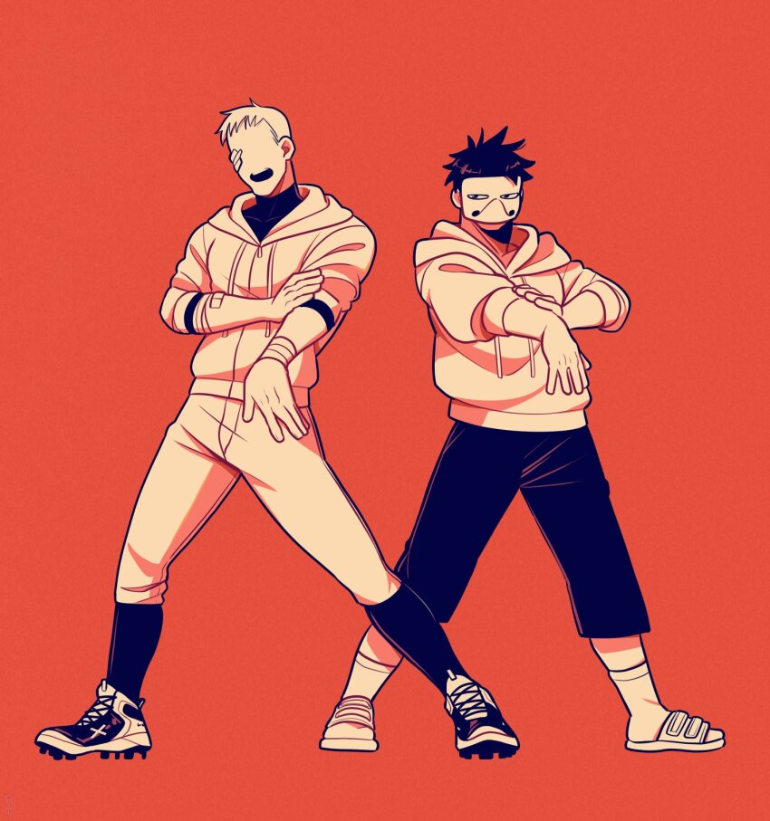 2boys bandaged_wrist bandages cleats commentary drawstring full_body gauze gauze_on_cheek hand_on_own_arm hashtag-only_commentary highres hood hood_down hoodie looking_to_the_side male_focus mask multiple_boys no_eyes off_(game) open_mouth orange_background outstretched_arm pants sandals short_hair side-by-side sideways_glance simple_background sleeves_rolled_up socks spiked_hair standing tanblaque teeth the_batter_(off) upper_teeth_only zacharie_(off)