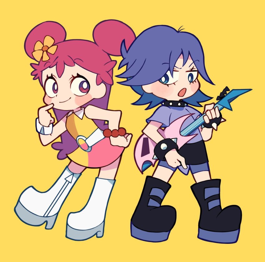 2girls bead_bracelet beads belt bike_shorts_under_skirt blue_eyes blush_stickers boots bracelet collar collared_dress double_bun dress electric_guitar flower full_body guitar hair_bun hair_flower hair_ornament hand_on_own_hip hi_hi_puffy_amiyumi holding holding_guitar holding_instrument instrument jewelry jitome looking_at_another looking_to_the_side miyata_(lhr) multiple_girls oonuki_ami open_mouth pink_eyes pink_hair purple_hair shirt short_hair short_sleeves skirt sleeveless sleeveless_dress smile spiked_bracelet spiked_collar spikes t-shirt two_side_up wrist_cuffs yellow_background yoshimura_yumi