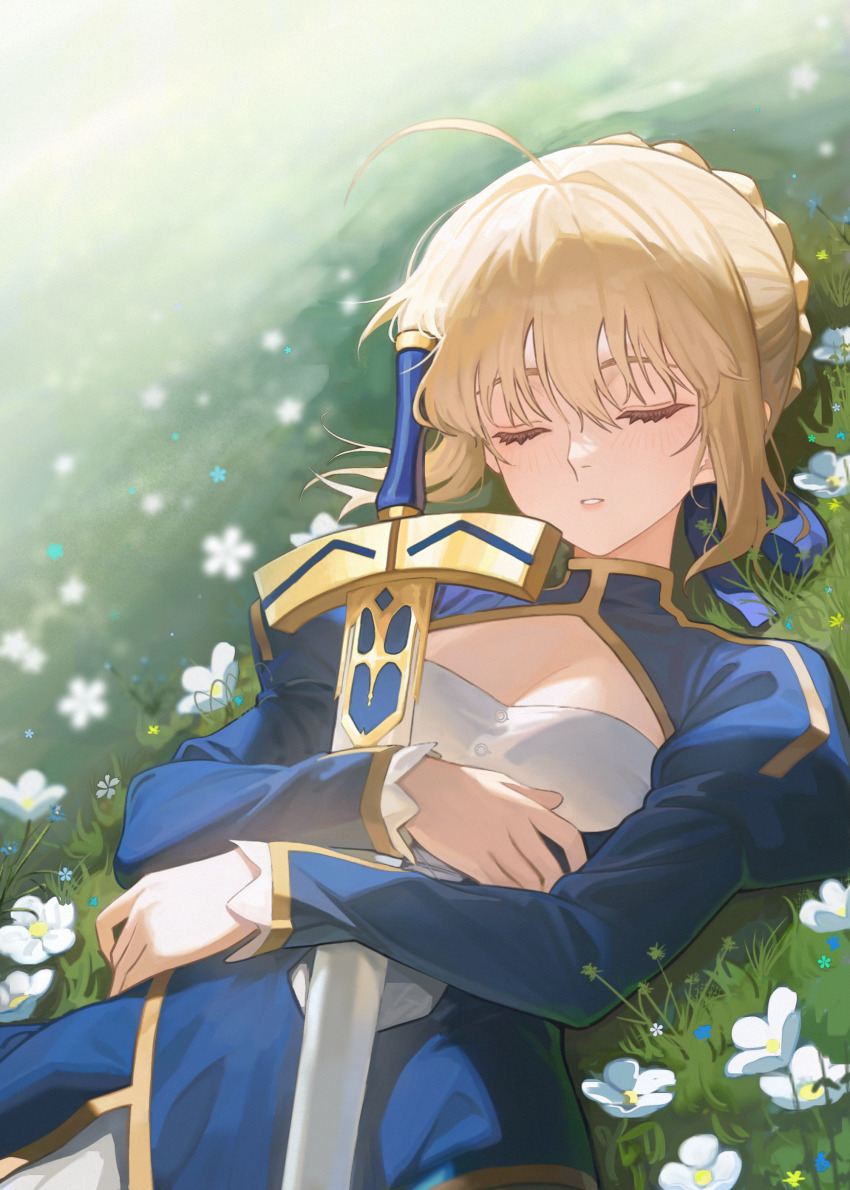1girl absurdres ahoge artoria_pendragon_(fate) blonde_hair blue_dress blue_flower blurry blush breasts cleavage_cutout closed_eyes clothing_cutout commentary depth_of_field dress dutch_angle excalibur_(fate/stay_night) fate_(series) field flower flower_field hair_between_eyes highres holding holding_sword holding_weapon juliet_sleeves long_sleeves lying on_back parted_lips puffy_sleeves saber_(fate) sleeping solo sword symbol-only_commentary water_human weapon white_flower