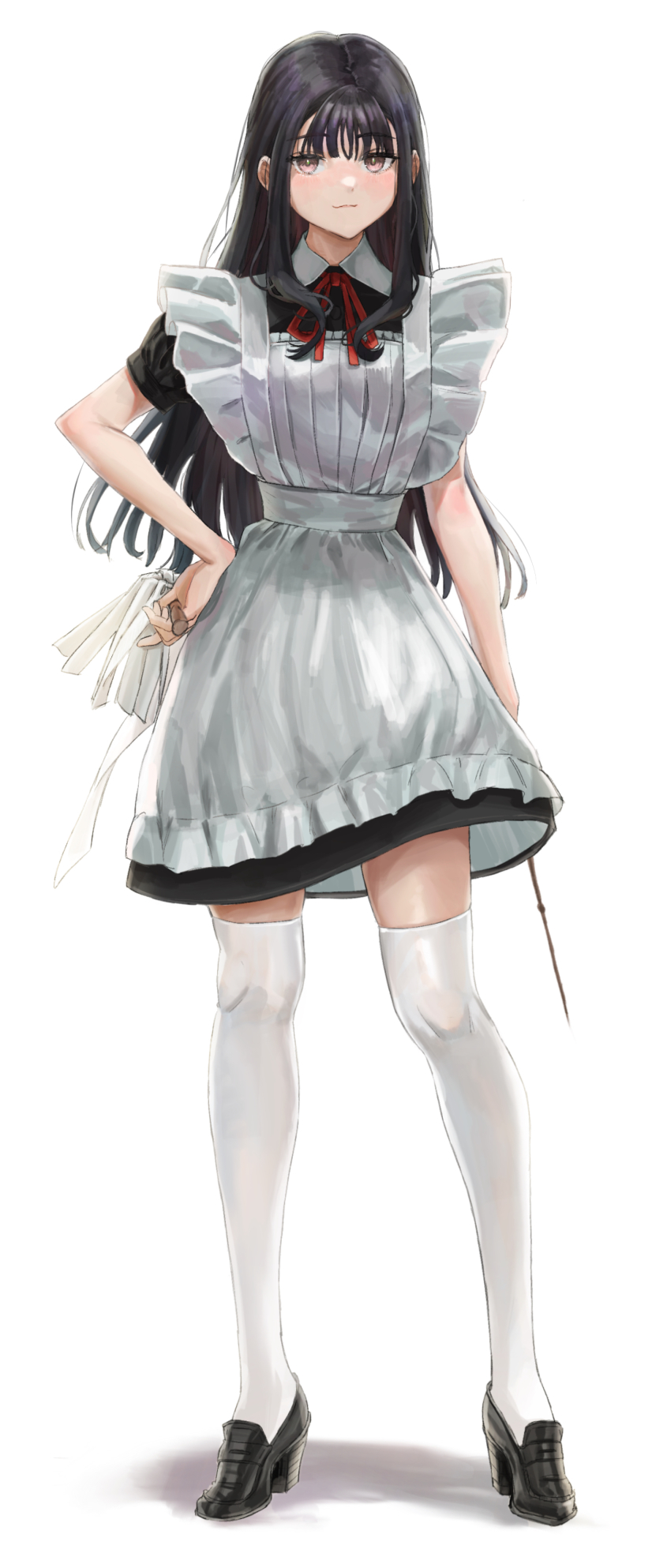 1girl absurdres black_footwear black_hair blunt_bangs bow bowtie bright_pupils brown_eyes collared_dress commentary dress frilled_dress frills full_body hand_on_own_hip highres holding holding_wand light_smile long_hair looking_at_viewer maid original platform_footwear platform_heels red_bow red_bowtie sawatani_(_swt2) shadow sidelocks simple_background solo standing tachi-e thighhighs wand white_background white_dress white_pupils white_thighhighs zettai_ryouiki