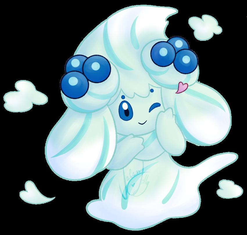 alcremie alcremie_(berry_sweet) alcremie_(mint_cream) blue_eyes blueberry commentary creature food fruit full_body gen_8_pokemon highres nintendo no_humans one_eye_closed pokemon pokemon_(creature) signature solo symbol-only_commentary transparent_background valentilly