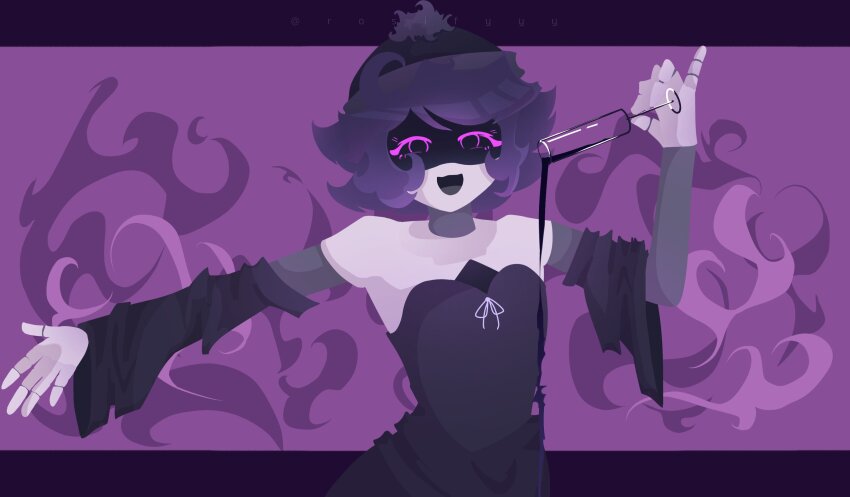 1girl absurdres beanie_hat choker cup detached_sleeves dress drinking_glass glitch_productions hat highres murder_drones oil purple_eyes purple_hair robot uzi_(murder_drones) wine_glass