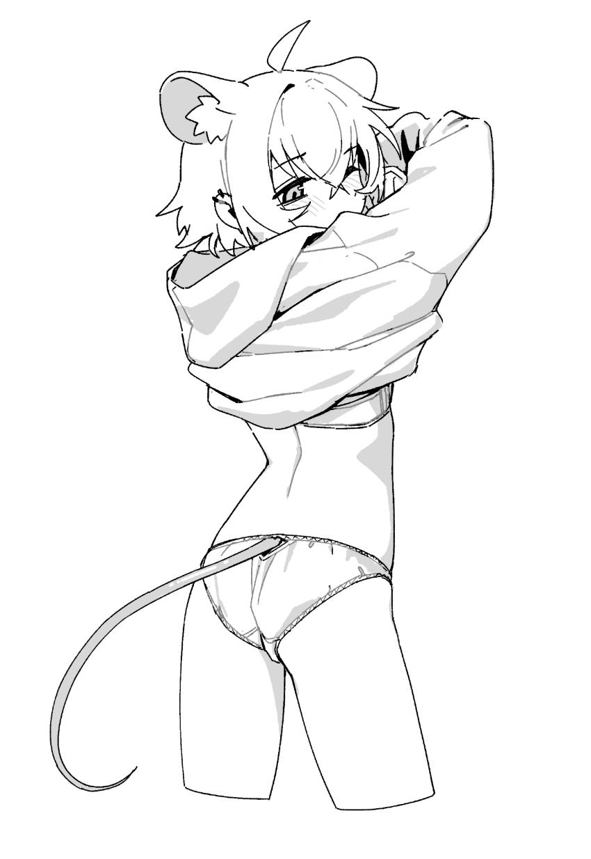 1girl ahoge animal_ear_fluff animal_ears ass blush bra clothes_lift cowboy_shot cropped_legs crossed_bangs earrings from_behind greyscale hair_between_eyes highres hood hood_down hoodie jewelry long_sleeves looking_back looking_to_the_side medium_hair monochrome mouse_ears mouse_girl mouse_tail multiple_piercings no_pants one_eye_closed original panties perl_(vertigris) short_hair simple_background solo standing tail thighs underwear undressing vertigris white_background