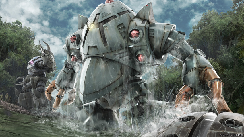 acguy arm_cannon beam_cannon claws cloud cloudy_sky copyright_logo forest gundam gundam_battle_operation_2 highres machinery mecha mecha_focus mobile_suit mobile_suit_gundam nature no_humans official_art one-eyed painting_(medium) rainforest realistic river robot scan science_fiction size_difference sky sunrise_(company) tenjin_hidetaka traditional_media water weapon wet when_you_see_it z&#039;gok zeon zock