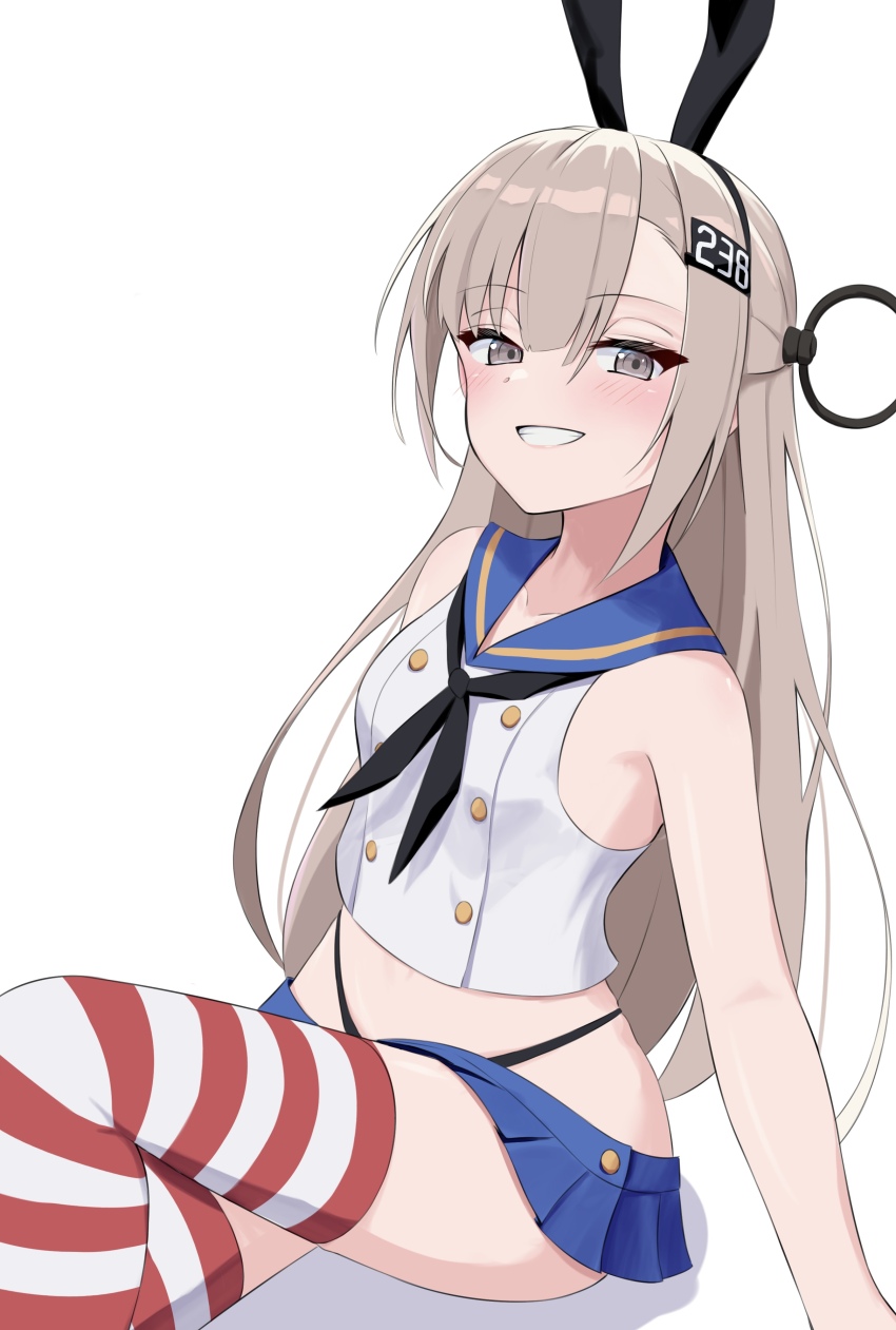 1girl absurdres black_hairband black_neckerchief black_panties blonde_hair blue_sailor_collar blue_skirt breasts cosplay crop_top grey_eyes hair_ornament hairband highleg highleg_panties highres horizontal-striped_thighhighs kantai_collection l_meet long_hair looking_at_viewer microskirt neckerchief panties pleated_skirt sailor_collar shimakaze_(kancolle) shimakaze_(kancolle)_(cosplay) sitting skirt small_breasts smile solo striped_clothes striped_thighhighs thighhighs thong underwear very_long_hair wahoo_(kancolle)