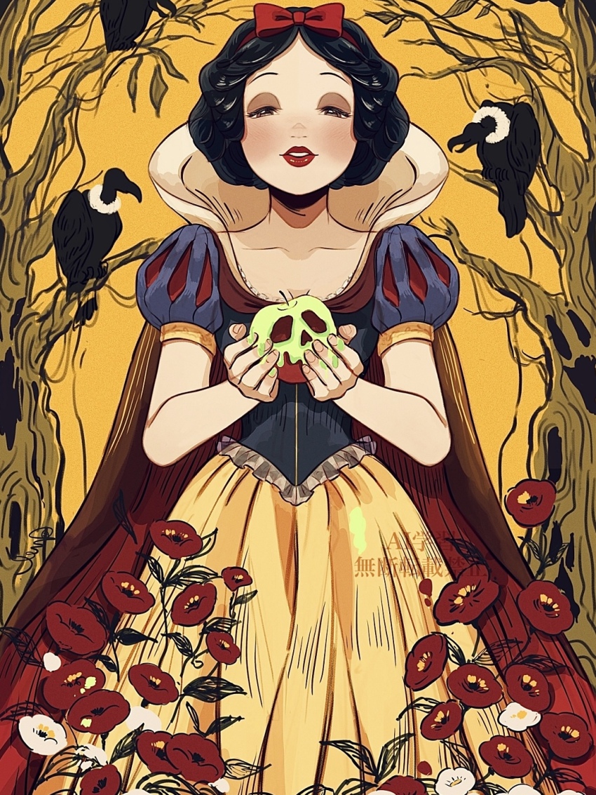 1girl bird black_hair bow flower hair_bow highres looking_at_viewer melchencanto poison_apple red_bow red_flower skirt snow_white_(disney) snow_white_and_the_seven_dwarfs solo yellow_skirt