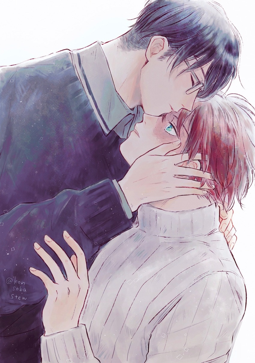 2boys black_hair black_sweater boku_no_hero_academia closed_mouth glasses highres iida_tenya kiss kissing_forehead konsobastew long_sleeves male_focus multiple_boys rectangular_eyewear red_hair ribbed_sweater scar scar_on_face short_hair sweater todoroki_shoto twitter_username white_background white_sweater yaoi