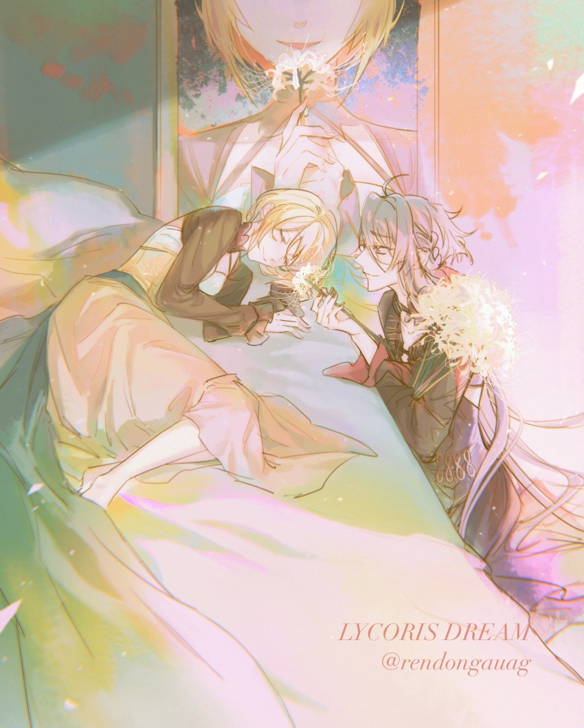 1boy 1girl ahoge ankou_(shuuen_no_virche) black_dress blonde_hair bouquet brown_sleeves ceres_(shuuen_no_virche) closed_eyes closed_mouth dress facing_another flower hetero highres holding holding_bouquet holding_flower long_sleeves looking_at_another multicolored_dress on_bed red_dress rendong06 short_hair shuuen_no_virche skirt smile spider_lily white_flower white_spider_lily yellow_skirt