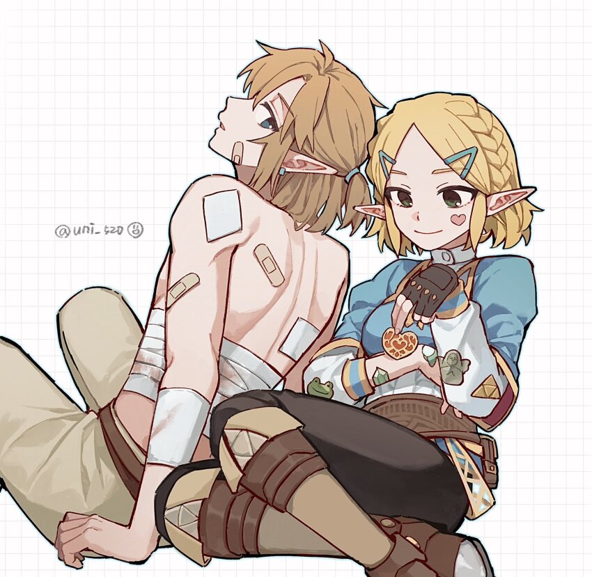 1boy 1girl bandages bandaid blonde_hair dango_(uni_520) fingerless_gloves gloves hetero highres link nintendo pointy_ears princess_zelda short_hair sitting the_legend_of_zelda topless_male