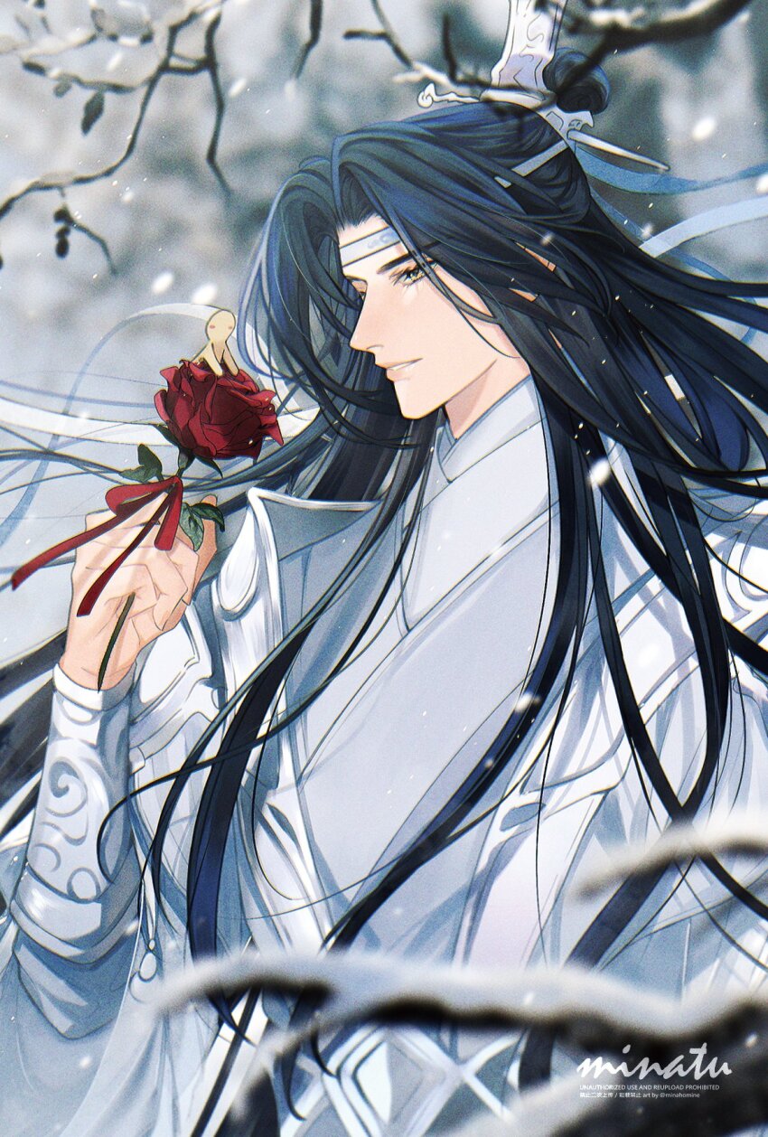 1boy artist_name bare_tree bishounen black_hair blurry blurry_background blurry_foreground branch chinese_clothes commentary depth_of_field english_commentary flower hand_up hanfu headband highres holding holding_flower implied_yaoi lan_wangji leaf long_hair long_sleeves looking_at_object male_focus minataka94 modao_zushi outdoors parted_lips red_flower red_ribbon red_rose ribbon robe rose shikigami smile snow snowing solo topknot tree upper_body very_long_hair watermark white_hanfu white_headband wide_sleeves winter xiao_guan_(headdress) yellow_eyes