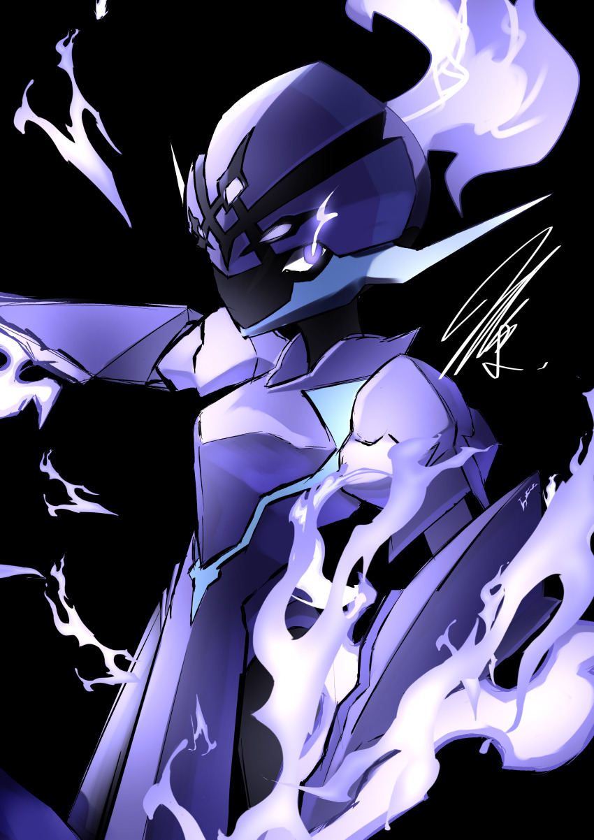 absurdres armor black_background ceruledge dynamic_pose fire flaming_eye game_freak glowing glowing_eye glowing_eyes helmet highres mitsukuma448 nintendo pokemon pokemon_(creature) ponytail purple_armor purple_eyes purple_fire signature simple_background solo upper_body