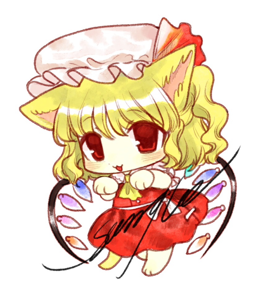 1girl :3 animal_ears barefoot bingkuaihei cat_ears cat_girl cat_tail chibi chibi_only chinese_commentary commentary_request flandre_scarlet hat highres kemonomimi_mode medium_hair mob_cap open_mouth paw_pose puffy_short_sleeves puffy_sleeves red_eyes red_skirt red_vest shirt short_sleeves simple_background skirt smile solo tail tareme touhou vest wavy_hair white_background white_hat white_shirt wings
