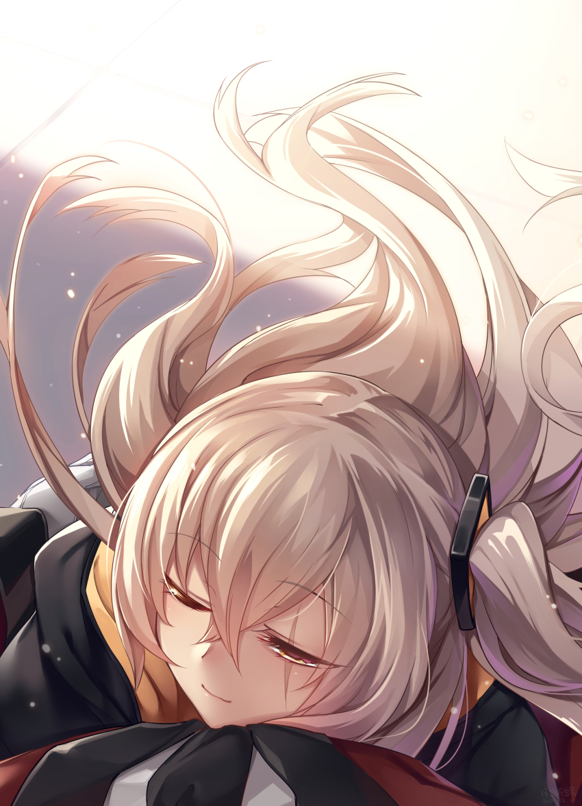 1boy 1girl absurdres blush brown_eyes brown_hair floating_hair girls&#039;_frontline gloves griffin_&amp;_kryuger_military_uniform hair_between_eyes hair_ornament half-closed_eye highres hood hood_down hooded_jacket hug jacket long_hair looking_at_viewer military military_uniform necktie one_eye_closed one_side_up pov pov_hug scar scar_across_eye scar_on_face shirt smile solo_focus tsuki_tokage ump45_(girls&#039;_frontline)