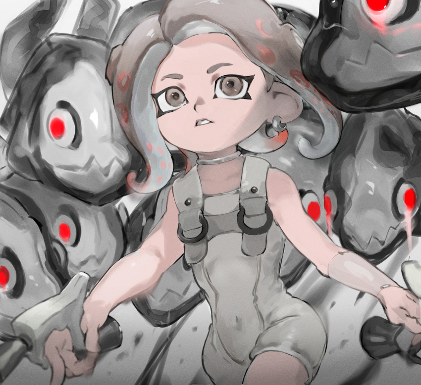 1girl absurdres agent_8_(splatoon) animal bare_arms brown_eyes choker cowboy_shot dapple_dualies_(splatoon) dual_wielding earrings fish flying_fish ga4me4 glowing glowing_eyes grey_hair grey_theme highres holding holding_weapon hoop_earrings jewelry marching_andante nintendo octoling order_dualies_(splatoon) oversized_animal pale_skin parted_lips red_eyes side_part splatoon_(series) splatoon_3 splatoon_3:_side_order spot_color surrounded teeth unfinished unitard weapon wrist_guards