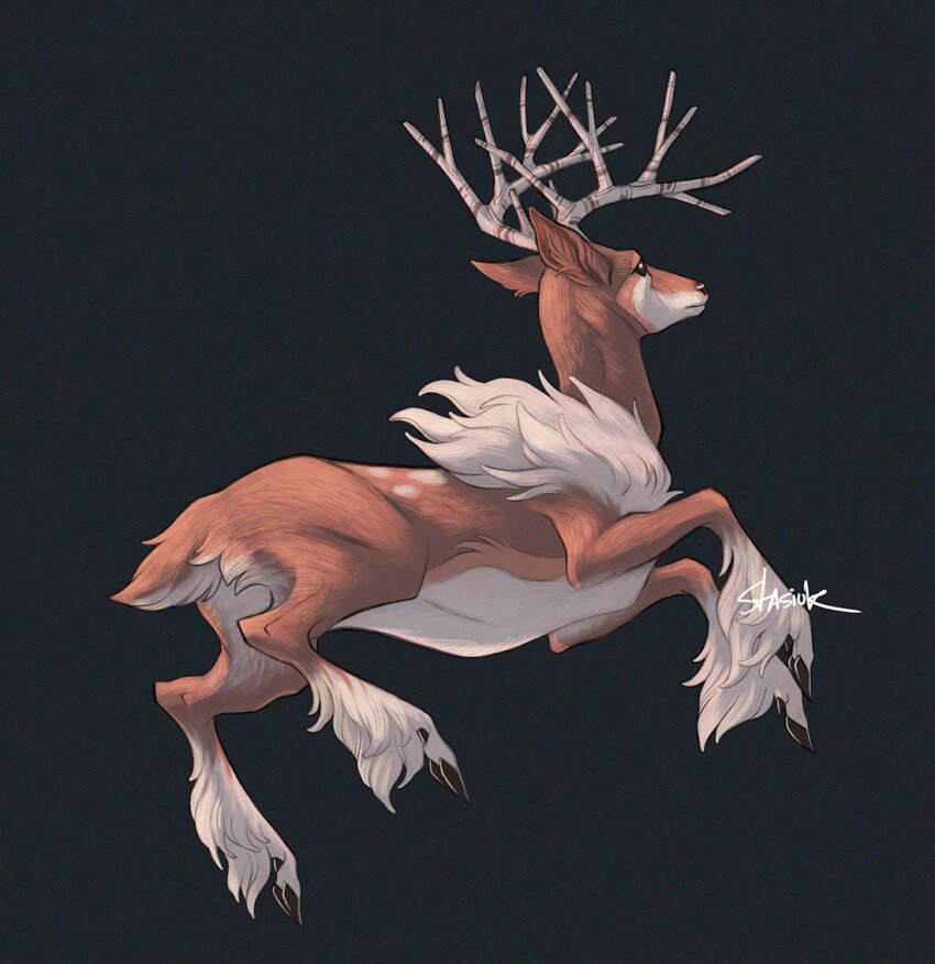 animal animal_focus antlers black_background commentary creatures_(company) deer english_commentary fluffy from_behind full_body game_freak gen_5_pokemon hooves horns nintendo no_humans pokemon pokemon_(creature) realistic sawsbuck sawsbuck_(winter) simple_background stasanie tail