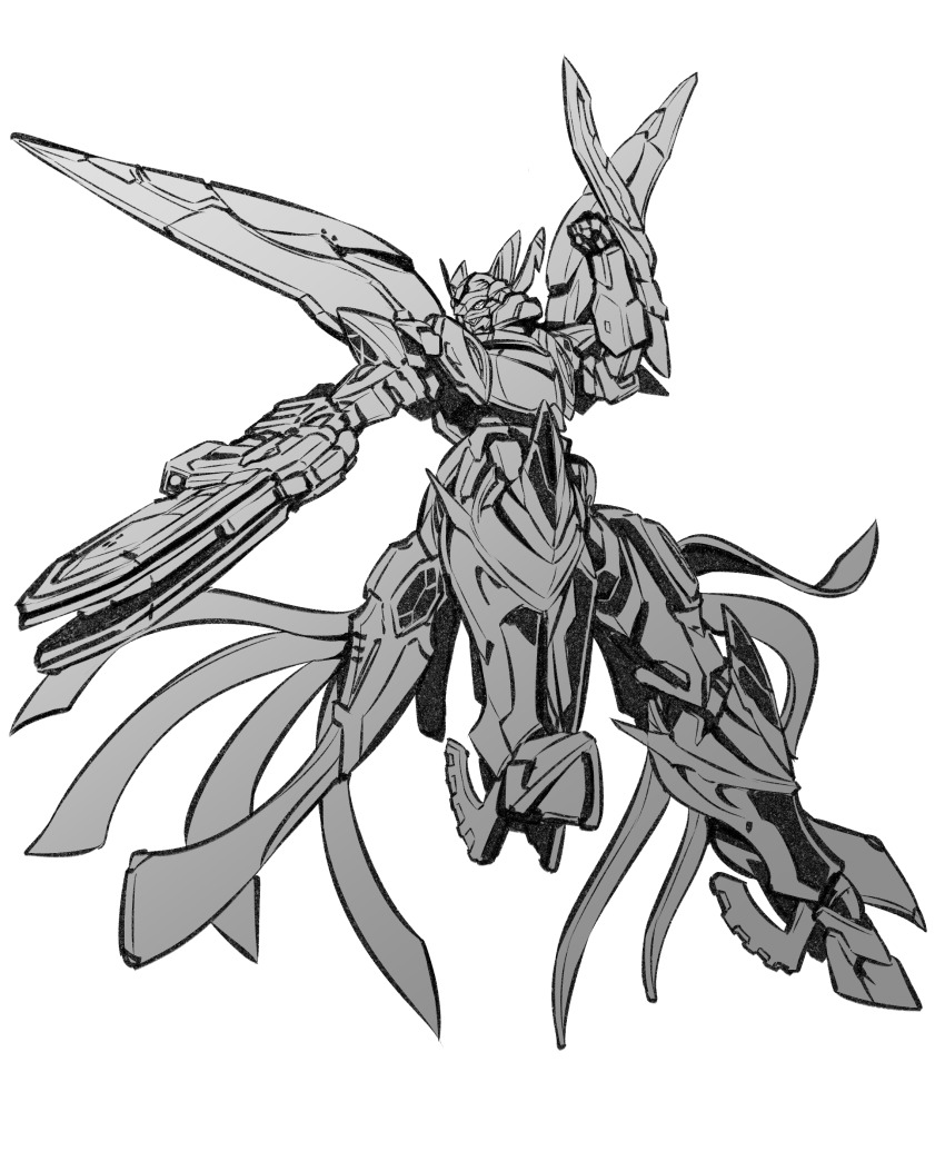 absurdres arm_blade greyscale gun highres holding holding_gun holding_weapon kato_takuji looking_to_the_side majestic_prince mecha monochrome no_humans red_five robot science_fiction solo weapon white_background