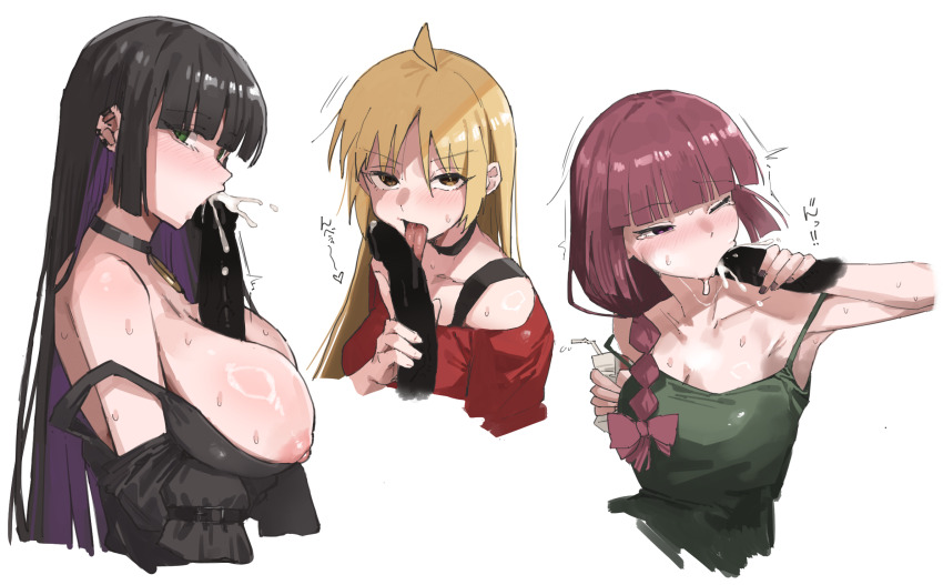 3boys 3girls ahoge blonde_hair bocchi_the_rock! braid braided_ponytail breasts censored commentary_request fellatio highres hiroi_kikuri ijichi_seika large_breasts large_penis long_hair medium_breasts multiple_boys multiple_girls nipples open_mouth oral own_cum_in_mouth pa-san penis red_hair simple_background tongue tongue_out upper_body uuuron_cha white_background