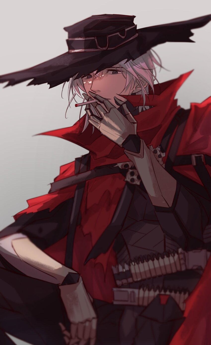 1boy cigarette cowboy cowboy_clothes cowboy_hat cowboy_western dooyam_830 hat highres looking_at_viewer metal_arm official_alternate_costume punishing:_gray_raven smoking solo watanabe:_epitaph_(pgr) watanabe_(pgr) western