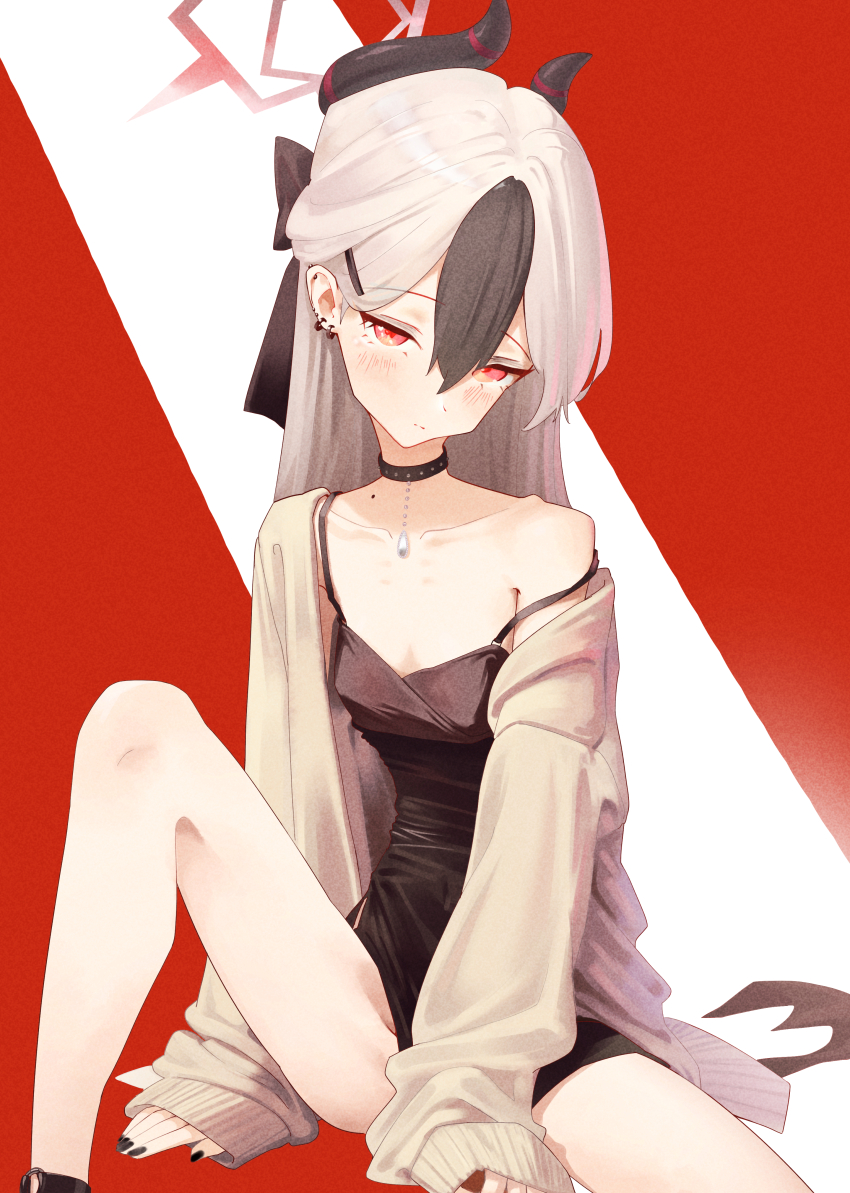 1girl absurdres black_choker black_dress black_nails black_ribbon blue_archive brown_cardigan cardigan choker demon_girl demon_horns demon_tail dress ear_piercing earrings hair_between_eyes hair_ribbon hands_on_floor head_tilt highres horns jewelry kayoko_(blue_archive) kayoko_(dress)_(blue_archive) long_hair necklace on_floor phoebe_(user_vvpf4584) piercing red_eyes ribbon sidelocks single_bare_shoulder sitting tail