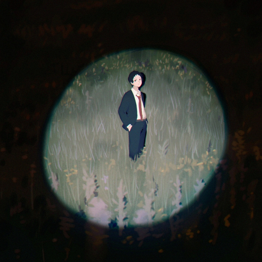 1boy adachi_tooru black_hair black_suit field formal_clothes hands_in_pockets highres jacket long_sleeves looking_at_viewer loose_necktie male_focus necktie persona persona_4 red_necktie shirt short_hair solo spotlight suit tedty33 white_shirt
