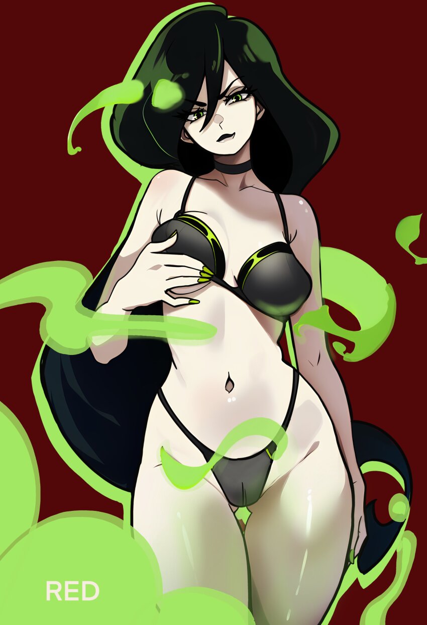absurdres alternate_costume black_bra black_hair bra breasts cameltoe colored_smoke dress fingernails grabbing_own_breast green_eyes highres kim_possible_(series) large_breasts lips long_hair navel red_background redpostit sharp_fingernails shego smoke underwear