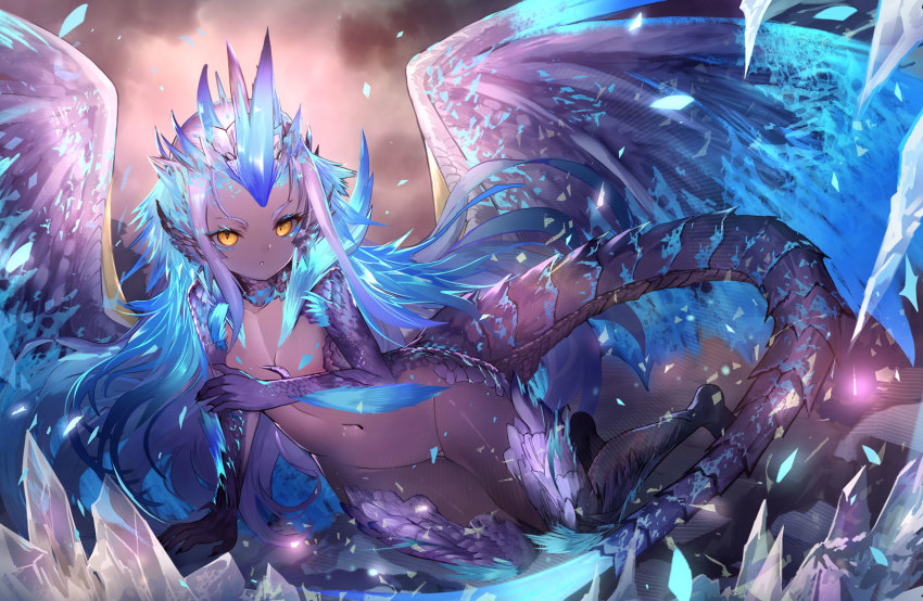 1girl animal_hands blue_hair claws covering_breasts covering_privates crystal dark-skinned_female dark_skin dragon_girl dragon_tail dragon_wings female_focus flat_chest fuyouchu highres long_hair looking_at_viewer monster_girl monster_hunter:_world monster_hunter_(series) multicolored_hair navel nude orange_eyes parted_lips personification purple_hair scales solo tail v-shaped_eyebrows velkhana very_long_hair wings