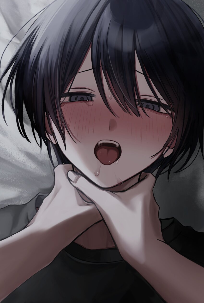 1boy 1other absurdres arata20250328 black_eyes black_hair black_shirt blanket blush close-up commentary double-parted_bangs hair_between_eyes half-closed_eyes hands_on_another&#039;s_neck hashtag-only_commentary highres looking_at_viewer male_focus on_blanket open_mouth original pov raised_inner_eyebrows saliva shirt short_hair strangling sweat tearing_up tears teeth tongue tongue_out upper_teeth_only