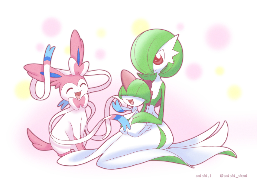 artist_name bad_id bad_twitter_id bob_cut bow bowl_cut bowtie closed_eyes dress fangs gardevoir gen_3_pokemon gen_6_pokemon green_hair hair_over_one_eye horns multicolored_fur nintendo open_mouth pink_eyes pink_fur pokemon pokemon_(creature) ralts sitting smile sylveon white_dress yukari_(yukari21653710)