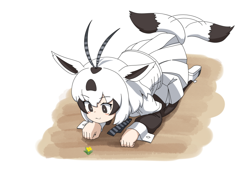 1girl :3 afterimage all_fours animal_ears antenna_hair arabian_oryx_(kemono_friends) black_eyes black_hair commentary flower full_body gazelle_ears gazelle_tail hair_between_eyes highres kemono_friends layered_sleeves long_sleeves medium_hair multicolored_hair necktie okome_kogashi on_ground pleated_skirt short_over_long_sleeves short_sleeves simple_background skirt smile solo tail tail_wagging two-tone_hair white_eyes white_skirt