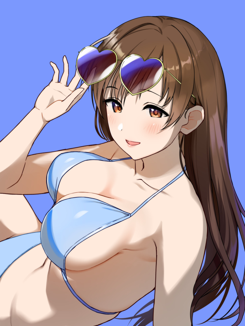1girl absurdres bikini blue_background blue_bikini blush breasts brown_eyes brown_hair cleavage commentary_request eyewear_on_head heart heart-shaped_eyewear highres idolmaster idolmaster_cinderella_girls large_breasts long_hair looking_at_viewer natsuya_(natuya777) navel nitta_minami open_mouth simple_background smile solo stomach swimsuit upper_body