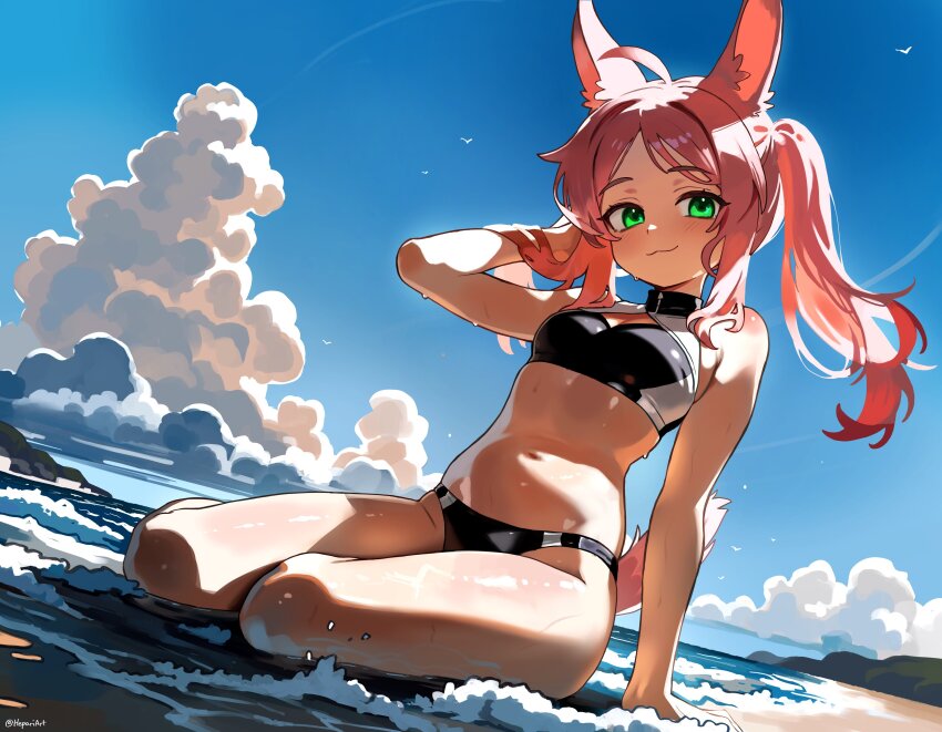1girl :3 absurdres ahoge animal_ears arm_support beach bikini black_bikini blue_sky blush breasts cloud commentary day english_commentary green_eyes hair_intakes hepari highres long_hair looking_at_viewer navel ocean original outdoors pink_hair shiny_skin sitting sky small_breasts smile solo swimsuit tail twintails water