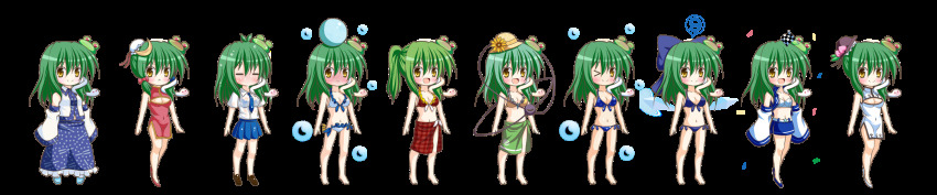 &gt;_o 1girl :d =_= adapted_costume alternate_hairstyle ball beachball bikini blue_bikini blue_bow blush bow breasts chibi china_dress chinese_clothes circled_9 cirno cirno_(cosplay) cleavage_cutout clothing_cutout commentary_request cosplay detached_sleeves dress frilled_bikini frills frog_hair_ornament green_hair hair_bow hair_ornament hat highres hinanawi_tenshi hinanawi_tenshi_(cosplay) ice ice_wings japanese_clothes kazami_yuuka kazami_yuuka_(cosplay) kochiya_sanae komeiji_koishi komeiji_koishi_(cosplay) large_bow long_hair long_image miko miniskirt multiple_views one_eye_closed open_mouth osashin_(osada) ponytail race_queen sarong simple_background skirt smile snake_hair_ornament swimsuit third_eye touhou transparent_background variations wet wet_clothes white_background wide_image wings yellow_eyes