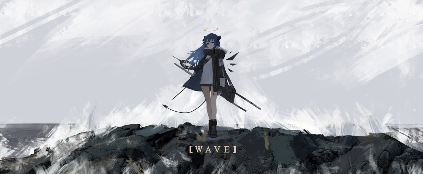 1girl absurdres arknights bare_legs black_boots black_jacket blue_eyes blue_hair boots closed_mouth cloud cloudy_sky day de4d_fish demon_horns demon_tail detached_wings english_text fallen_angel full_body fur-trimmed_jacket fur_trim gun_sling halo highres horns jacket landscape long_bangs looking_at_viewer mostima_(arknights) nature ocean open_clothes open_jacket outdoors overcast polearm rock scenery sea_spray shirt sidelocks sky smile solo spear standing tail weapon weapon_on_back white_shirt wind wings
