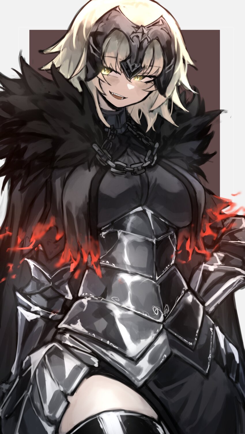 1girl absurdres armor armored_dress black_cape black_dress black_thighhighs breasts cape chain commentary dress english_commentary fate/grand_order fate_(series) fur-trimmed_cape fur_trim gauntlets grey_hair headpiece highres jeanne_d&#039;arc_alter_(avenger)_(fate) jeanne_d&#039;arc_alter_(avenger)_(first_ascension)_(fate) jeanne_d&#039;arc_alter_(fate) large_breasts looking_at_viewer plackart shigezie short_hair smile solo thighhighs thighs yellow_eyes