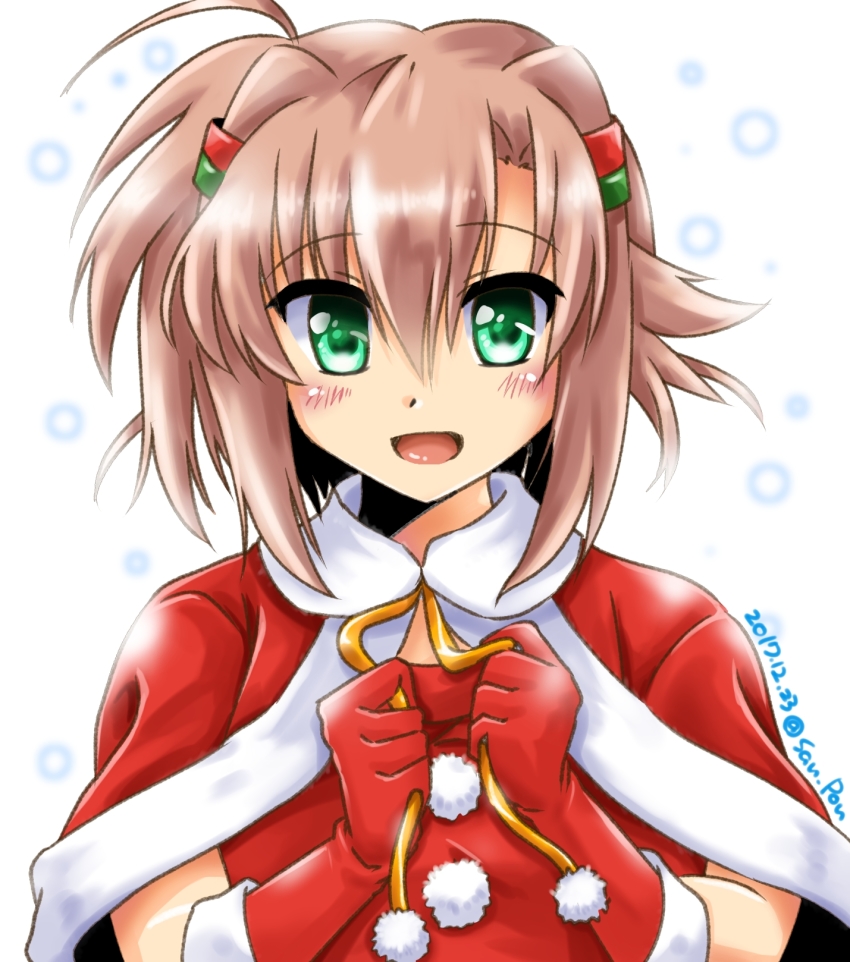 1girl ahoge brown_hair cape dated dress female_focus gloves green_eyes hair_tubes highres looking_at_viewer lyrical_nanoha miura_rinaldi open_mouth portrait red_cape red_dress red_gloves san-pon santa_costume short_hair smile solo twitter_username vivid_strike!