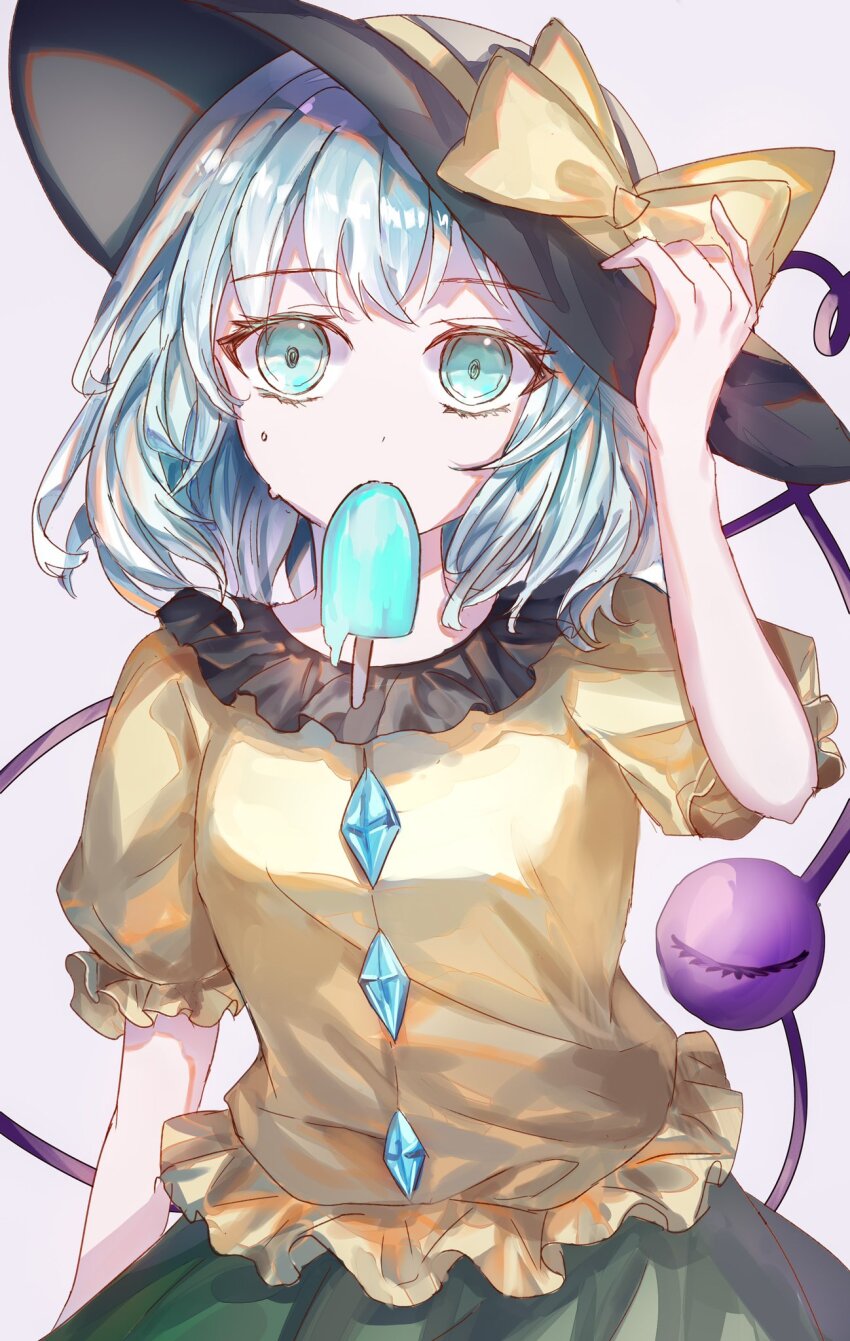 1girl black_hat blouse blue_eyes bow buttons diamond_button eating eyeball food frilled_shirt_collar frills green_hair green_skirt hat hat_bow hat_ribbon heart heart_of_string highres komeiji_koishi popsicle ribbon shirt skirt solo suzushina third_eye touhou white_background yellow_bow yellow_ribbon yellow_shirt