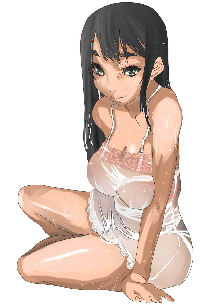 1girl black_eyes black_hair breasts chiisan female_focus highres large_breasts long_hair looking_at_viewer nightgown simple_background solo sweat white_background