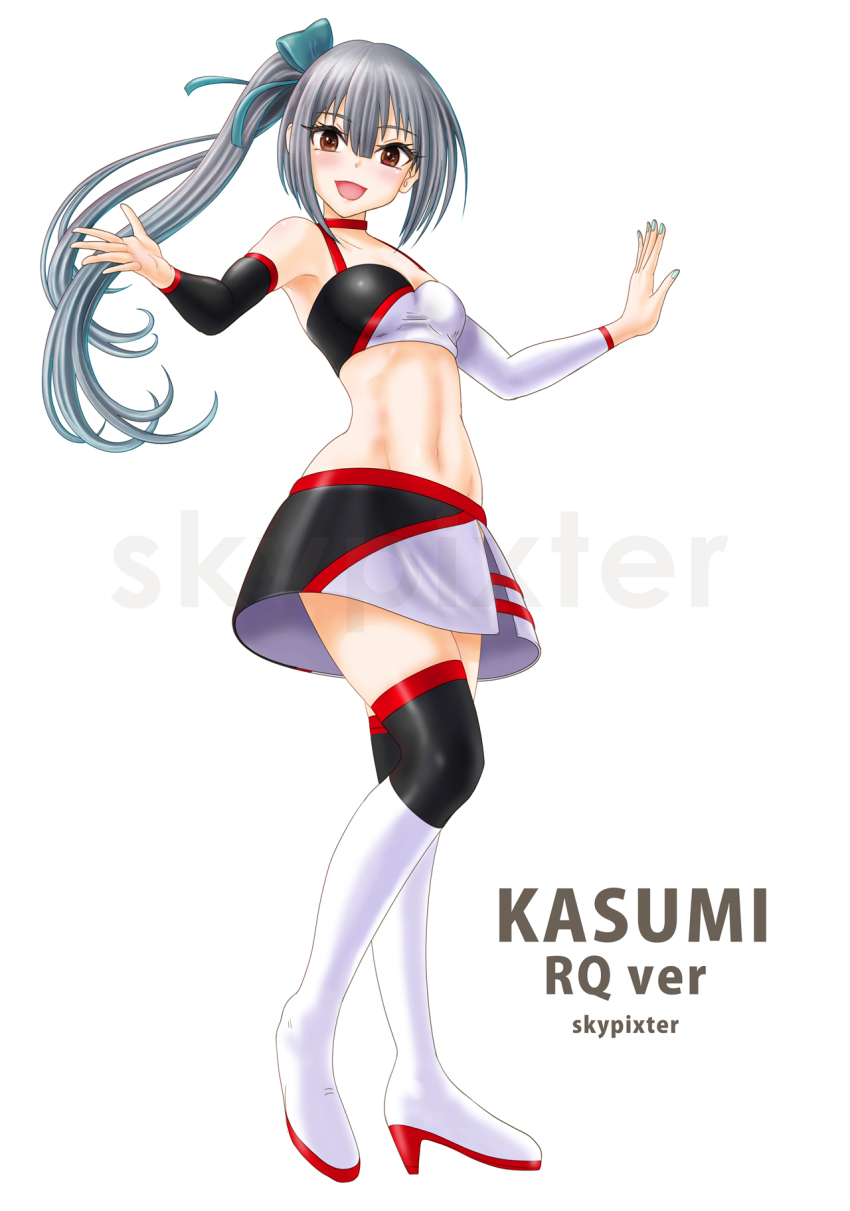 1girl alternate_costume arm_warmers breasts brown_eyes character_name choker full_body grey_hair highres kantai_collection kasumi_(kancolle) long_hair multicolored_skirt multicolored_thighhighs navel race_queen red_choker side_ponytail simple_background skirt skypixter small_breasts smile solo strapless tube_top watermark white_background