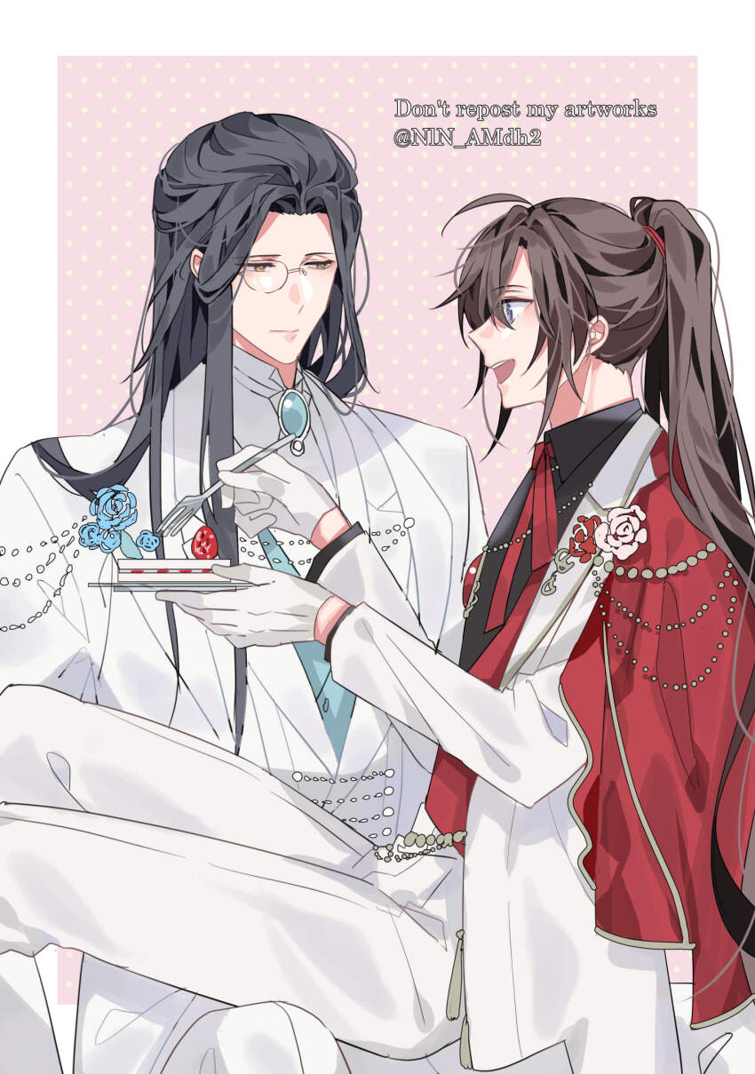 2boys :d ahoge alternate_costume bishounen black_hair black_shirt blue_brooch blue_flower blue_rose brown_hair cake cape contemporary english_text feeding flower food fork formal_clothes fruit glasses gloves hair_tie highres holding holding_fork holding_plate hyottokoane jewelry lan_wangji long_hair long_sleeves looking_at_another male_focus modao_zushi monocle multiple_boys necktie open_mouth pants pink_background pink_flower pink_rose plate polka_dot ponytail profile purple_eyes red_brooch red_cape red_flower red_ribbon red_rose ribbon rose shirt sitting sitting_on_lap sitting_on_person smile strawberry strawberry_cake suit twitter_username wei_wuxian white_gloves white_pants white_shirt white_suit yaoi yellow_eyes