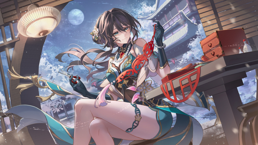 1girl absurdres breasts brown_hair chinese_paper-cut cleavage closed_mouth crossed_legs full_moon green_eyes herta_(honkai:_star_rail) highres holding holding_scissors honkai:_star_rail honkai_(series) jewelry kongzao medium_breasts moon necklace night night_sky pearl_necklace ruan_mei_(honkai:_star_rail) scissors screwllum_(honkai:_star_rail) sitting sky smile solo spool tassel thighlet