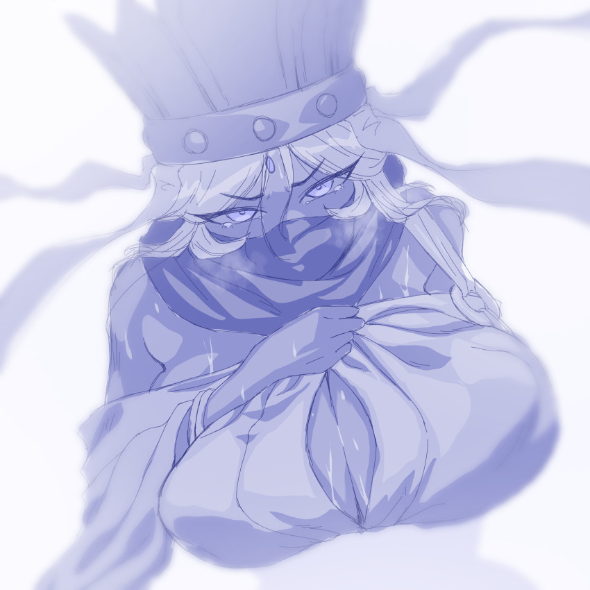 absurdres breasts crying crying_with_eyes_open digimon digimon_(creature) hat highres large_breasts long_hair looking_at_viewer sanzomon scarf scarf_over_mouth sweat tears