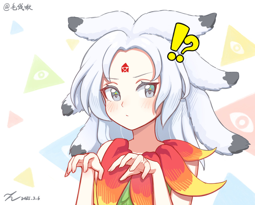 !? 1girl :/ absurdres blush claw_pose closed_mouth dress facial_mark forehead_mark fossilized_wonders grey_eyes highres houjuu_chimi kiri_(maoxianjiu) long_hair looking_at_viewer parted_bangs signature sleeveless sleeveless_dress solo touhou triangle_background upper_body white_background white_hair